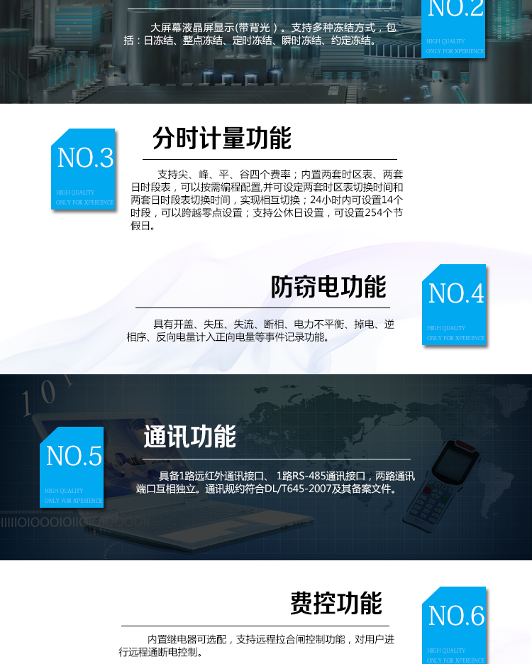 海兴DDS208单相电子式电能表主要功能
　　计量功能
　　支持正反向有功、四象限无功电能、组合无功电能，支持正反向有功最大需量、四象限无功最大需量、组合无功最大需量，支持多费率计量。
　　分时计量功能
　　支持尖、峰、平、谷四个费率;内置两套时区表、两套日时段表，可以按需编程配置,并可设定两套时区表切换时间和两套日时段表切换时间，实现相互切换;24小时内可设置14个时段，可以跨越零点设置;支持公休日设置，可设置254个节假日。
　　测量功能
　　能测量电压、电流、功率以及功率因数等电网参数，零线电流测量功能可选配。测量准确度高，可以达到1级以内标准。
　　数据存储功能
　　支持多种冻结方式，包括：日冻结、整点冻结、定时冻结、瞬时冻结、约定冻结。
　　事件记录功能
　　分别记录最近10次掉电、编程、校时、开表盖、跳闸、合闸、事件清零、电表清零。
　　用户交互界面
　　采用大屏幕液晶显示，提供丰富的图形或文字提示信息;显示内容可通过按键循环查询，显示项目可通过通信口按需配置;提供液晶背光，方便查看。支持停电唤醒功能，能通过按键或非接触方式唤醒电能表，实现屏幕显示抄读电量和红外通信口抄读电量等数据。
　　通信功能
　　具备1路远红外通讯接口、 1路RS-485通讯接口，两路通讯端口互相独立。通讯规约符合DL/T645-2007及其备案文件。
　　费控功能
　　内置继电器可选配，支持远程拉合闸控制功能，对用户进行远程通断电控制。