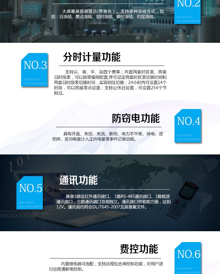 海兴DDSI208单相电能表主要功能
　　计量功能
　　具有支持正反向有功、四象限无功电能、组合无功电能，支持正反向有功最大需量、四象限无功最大需量、组合无功最大需量，支持多费率计量。
　　分时计量功能
　　支持尖、峰、平、谷四个费率;内置两套时区表、两套日时段表，可以按需编程配置,并可设定两套时区表切换时间和两套日时段表切换时间，实现相互切换;24小时内可设置14个时段，可以跨越零点设置;支持公休日设置，可设置254个节假日。
　　测量功能
　　能测量电压、电流、功率以及功率因数等电网参数，零线电流测量功能可选配。测量准确度高，可以达到1级以内标准。
　　数据存储功能
　　支持多种冻结方式，包括：日冻结、整点冻结、定时冻结、瞬时冻结、约定冻结。
　　事件记录功能
　　分别记录最近10次掉电、编程、校时、开表盖、跳闸、合闸、事件清零、电表清零。
　　通信功能
　　具备1路远红外通讯接口、 1路RS-485通讯接口、1路载波通讯接口，三路通讯端口互相独立。通讯接口带载能力强，达到12V。通讯规约符合DL/T645-2007及其备案文件。
　　费控功能
　　内置继电器可选配，支持远程拉合闸控制功能，对用户进行远程通断电控制。
　　用户交互界面
　　采用大屏幕液晶显示，提供丰富的图形或文字提示信息;显示内容可通过按键循环查询，显示项目可通过通信口按需配置;提供液晶背光，方便查看。支持停电唤醒功能，能通过按键或非接触方式唤醒电能表，实现屏幕显示抄读电量和红外通信口抄读电量等数据。