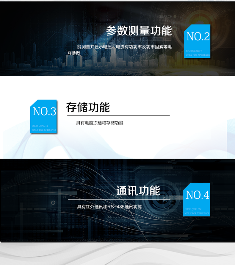 海兴DTS208三相三线电能表主要功能
　　计量功能
　　具有有功电能量、无功电能量计量功能;具有计量分相有功电能量功能。
　　分时计量功能
　  支持尖、峰、平、谷四个费率;内置两套时区表、两套日时段表，可以按需编程配置,并可设定两套时区表切换时间和两套日时段表切换时间，实现相互切换;每套费率时段可设置14个时区、8个日时段表、4个费率(尖、峰、平、谷)，每个日时段表可设置14个时段，时段可以跨越零点设置;支持公休日设置，可设置254个节假日。
　　测量功能
　　能测量电压、电流、有功功率、无功功率、视在功率以及功率因数等电网参数，并具有最大需量测量功能。测量准确度高，可以达到0.5级以内标准。
　　数据存储功能
　　电量可存储当前及上12个结算日的历史数据;支持多种冻结方式，包括：日冻结、整点冻结、定时冻结、瞬时冻结、约定冻结。
　　事件记录功能
　　分别记录最近10次掉电、编程、校时、开表盖、跳闸、合闸、事件清零、电表清零。
　　通信功能
　　具备1路远红外通讯接口、2路RS-485通讯接口，三路通讯端口互相独立。通讯规约符合DL/T645-2007及其备案文件。
　　费控功能
　　内置继电器可选配，支持远程拉合闸控制功能，对用户进行远程通断电控制。
　　用户交互界面
　　采用大屏幕液晶显示，提供丰富的图形或文字提示信息;显示内容可通过按键循环查询，显示项目可通过通信口按需配置;提供液晶背光，方便查看。支持停电唤醒功能，能通过按键或非接触方式唤醒电能表，实现屏幕显示抄读电量和红外通信口抄读电量等数据。