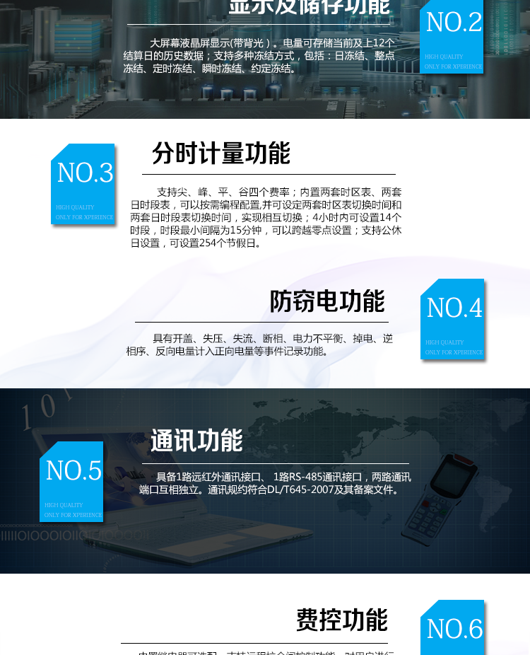 海兴DTZY208三相四线电能表主要功能
　　计量功能
　　具有正、反向有功电能量、四象限无功电能量计量功能，并可据此设置组合有功和组合无功电能量。
　　分时计量功能
　　支持尖、峰、平、谷四个费率;内置两套时区表、两套日时段表，可以按需编程配置,并可设定两套时区表切换时间和两套日时段表切换时间，实现相互切换;4小时内可设置14个时段，时段最小间隔为15分钟，可以跨越零点设置;支持公休日设置，可设置254个节假日。
　　测量功能
　　能测量电压、电流、功率以及功率因数等电网参数;具有正反向有功、四象限无功最大需量测量功能。测量准确度高，可以达到0.5级以内标准。
　　数据存储功能
　　支持多种冻结方式，包括：日冻结、整点冻结、定时冻结、瞬时冻结、约定冻结。
　　事件记录功能
　　分别记录最近10次掉电、编程、校时、开表盖、跳闸、合闸、事件清零、电表清零。
　　通信功能
　　具备1路远红外通讯接口、 1路RS-485通讯接口，两路通讯端口互相独立。通讯规约符合DL/T645-2007及其备案文件。
　　费控功能
　　内置继电器可选配，支持远程拉合闸控制功能，对用户进行远程通断电控制。采用20位数字码的形式实现虚拟介质充值，安全可靠，管理灵活方便。支持远程充值和本地遥控器充值，充值灵活便捷。
　　用户交互界面
　　采用大屏幕液晶显示，提供丰富的图形或文字提示信息;显示内容可通过按键循环查询，显示项目可通过通信口按需配置;提供液晶背光，方便查看。支持停电唤醒功能，能通过按键或非接触方式唤醒电能表，实现屏幕显示抄读电量和红外通信口抄读电量等数据。
