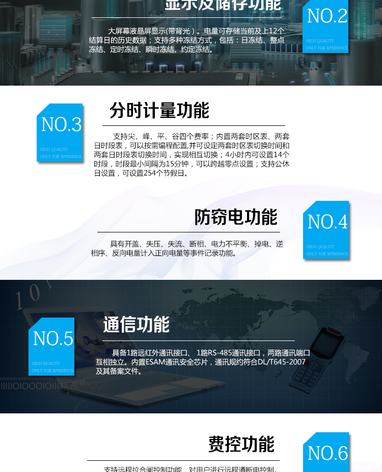 海兴DTZY208C三相四线电能表主要功能
　　计量功能
　　具有正、反向有功电能量、四象限无功电能量计量功能，并可据此设置组合有功和组合无功电能量。
　　分时计量功能
　　支持尖、峰、平、谷四个费率;内置两套时区表、两套日时段表，可以按需编程配置,并可设定两套时区表切换时间和两套日时段表切换时间，实现相互切换;4小时内可设置14个时段，时段最小间隔为15分钟，可以跨越零点设置;支持公休日设置，可设置254个节假日。
　　测量功能
　　能测量电压、电流、功率以及功率因数等电网参数;具有正反向有功、四象限无功最大需量测量功能。测量准确度高，可以达到0.5级以内标准。
　　数据存储功能
　　支持多种冻结方式，包括：日冻结、整点冻结、定时冻结、瞬时冻结、约定冻结。
　　事件记录功能
　　分别记录最近10次掉电、编程、校时、开表盖、跳闸、合闸、事件清零、电表清零。
　　通信功能
　　具备1路远红外通讯接口、 1路RS-485通讯接口，两路通讯端口互相独立。内置ESAM通讯安全芯片，通讯规约符合DL/T645-2007及其备案文件。
　　费控功能
　　支持远程拉合闸控制功能，对用户进行远程通断电控制。支持本地费控功能，当用户欠费时电能表自动跳闸，切断用户用电;当用户通过CPU卡充值后，电能表允许用户合闸，由用户人工恢复供电(可选配电能表自动合闸)。
　　用户交互界面
　　采用大屏幕液晶显示，提供丰富的图形或文字提示信息;显示内容可通过按键循环查询，显示项目可通过通信口按需配置;提供液晶背光，方便查看。支持停电唤醒功能，能通过按键或非接触方式唤醒电能表，实现屏幕显示抄读电量和红外通信口抄读电量等数据。