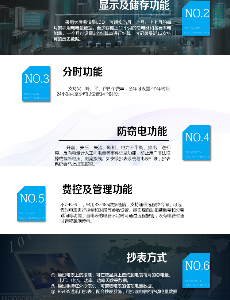 华立DDZY285-J电能表主要功能
　　电能计量功能
　　计量参数：具有正、反向组合有功电能的计量功能，组合有功电能可由正反向有功电能进行选择性组合。
　　测量功能：能测量电压、电流(包含零线)，有功功率以及功率因数等电网参数。
　　分时功能：支持尖、峰、平、谷四个费率，全年可设置2个年时区，24小时内至少可以设置14个时段。
　　数据存储：至少存储上12个月的总电能和各费率电能量。一个月可设置3个结算点进行结算，可记录最近12次结算的历史数据。
　　显示功能：采用大屏幕汉显LCD，可现实当月、上月、上上月的每月累积用电电量数据。
　　防窃电功能
　　开盖记录功能，记录开表盖总次数，防止非法更改电路。
　　反向电量计入正向电量，用户如将电流线接反，不具有窃电作用，电表照样正向走字
　　具有记录编程、掉电、校时、跳闸等事件发生的时刻以及事件发生时电能表状态，防止用户更改电表数据。
　　具有冻结和报警功能。
　　以上情况如发出，电表会出现报警标志，如安装抄表系统与电表相联，抄表系统会马上出现报警。
　　费控功能
　　电表不带IC卡口，采用RS-485和无线进行数据通信，支持通信远程拉合闸。
　　费控管理功能
　　可通过远程对电能表进行远程拉、合闸控制和时段等参数设置，进而对用户的用电实施远程管理。
　　能实现自动扣费缴费的功能和欠费跳闸等功能，当电表的电费不足时可以通过远程报警，没有电费时通过远程跳闸停电，操作管理十分方便。
　　抄表方式
　　通过电表上的按键，可在液晶屏上查询到电表每月的总电量、电压、电流、功率、功率因数等数据。
　　通过手持红外抄表机，可读取电表的各项电量数据。
　　RS485通讯口抄表，配合抄表系统，可抄读电表的各项电量数据。并支持DL/T645-2007多功能电能表通讯规约。