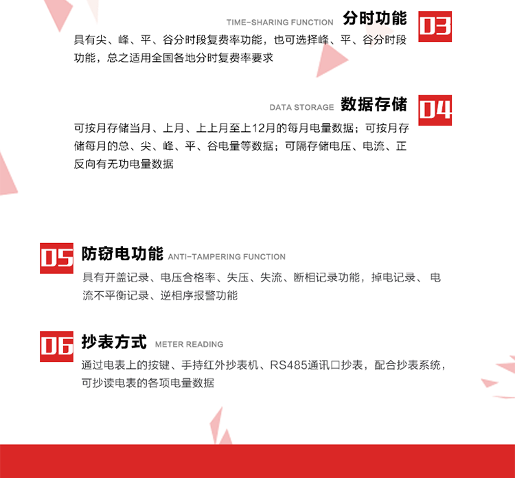 主要功能
分时计量功能，即可按相应的时段分别累计、存储总、尖、峰、平、谷有功电能、无功电能； 分别计量正反向有功、无功A、B、C三相电能，可存储月冻结电量12个月。
需量选用滑差式，可以设置最大需量计量周期及滑差步进时间。需量周期可在5、10、15、30、60分钟中选取，滑差时间可在1、2、3、5分钟中选取，需量周期为滑差时间的整整5倍及以上。电能表在出厂时设定的需量周期默认值15分钟，滑差时间1分钟。
通过数据采集RS485接口按设定的电能表抄表日或定时采集时间间隔(默认15分钟)冻结、采集、存储计量表计的数据。
计算每月电压合格率，统计每月A、B、C各相运行时间、电压超上限时间、低于下限时间，记录数据存贮3个月。计算每月供电可靠率，数据能存贮3个月。计算每月功率因数合格率，数据能存贮3个月。
三相中任一相或两相失压，电能表均应正常工作，并分相记录累计失压时间，同时记录各相电压最近10次失压发生时刻和结束时刻。三相电压分相指示，并能在电能表液晶显示屏上直接显示有否失压情况。分相按次记录停电起止时间，精确到分钟。
电能表能分相记录累计失流时间，同时记录各相电流最近10次失流发生时刻和结束时刻。
按时间发生的先后顺序记录最近10次的编程时间、电量复零记录、最大需量复零时间、广播校时时间、掉电时间和上电时间。
能判断多功能电能表内部故障、异常情况并显示符号或出错信息码，出错信息码可通过RS485接口或通信模块实现远传。
具有可编程、抄读数据、实现自动需量复位和参数更新的吸附式光电通信接口及红外通讯功能。具有电气隔离的标准RS485数据通信接口，能实现本地或远程数据信息采集和交换。
多功能电能表和数据采集仪的远程通讯协议可升级为全省统一标准通讯协议。 