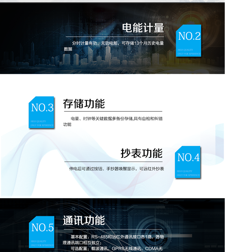 主要功能
　　宽视角、大屏幕液晶显示，具有丰富的状态指示与汉字辅助提示信息;
　　分时计量正向有功电量、反向有功电量、四象限无功电量，支持组合有功及四象限无功任意组合;计量分相的正向有功、反向有功和四象限无功电量;
　　分时计量正向有功、反向有功和四象限无功最大需量及发生时间;
　　最多可存储13个月历史电能和需量记录，电量数据支持最多一月三次结算;
　　最大8费率(增加IC卡预付费功能后最大4费率)，主副两套时段，时钟双备份自动纠错;
　　双备份数据存储，自动参数纠错;
　　可设置6类数据记录负荷曲线，存储容量达到2M字节;
　　全面的事件记录种类，具有防窃电开盖检测功能;
　　记录并存储13个月的电压质量统计数据;
　　丰富的自检、纠错和报警功能;