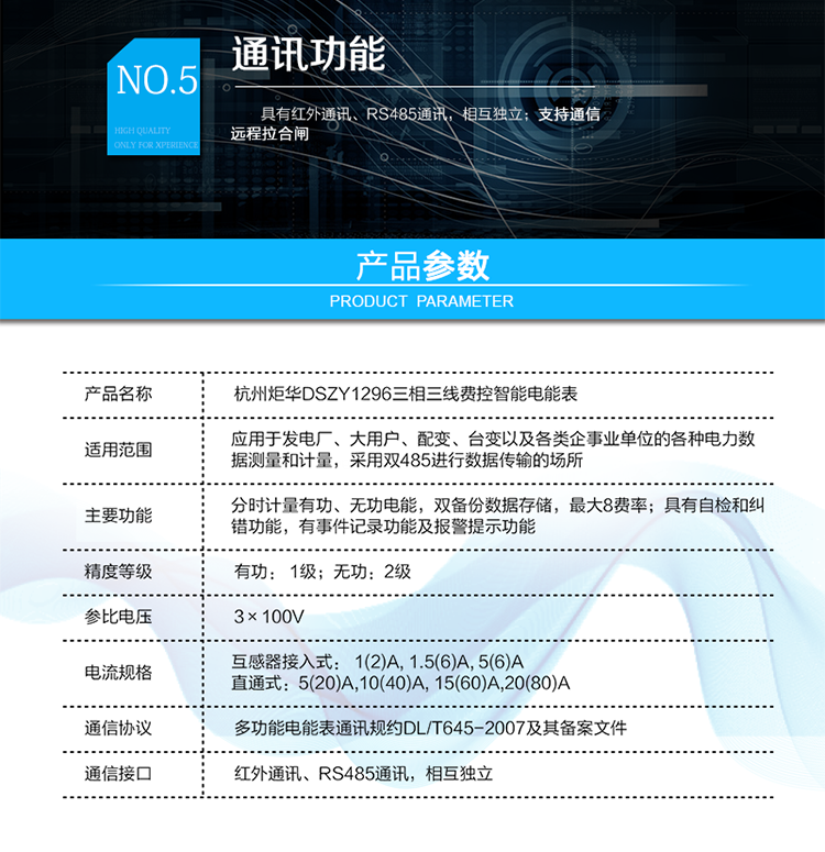 DSZY1296 三相三线1级费控智能电能表
产品标准:
?GB/T 17215.211-2006《交流电测量设备 通用要求、试验和试验条件 第11部分：测量设备》
?GB/T 17215.321-2008《交流电测量设备 特殊要求21部分：静止式有功电能表（1级和2级）》
?GB/T 17215.323-2008《交流电测量设备 特殊要求23部分：静止式无功电能表（2级和3级）》
?GB/T 17215.301-2007《多功能电能表特殊要求》
?Q/GDW 1354-2013《智能电能表功能规范》
?Q/GDW 1356-2013《三相智能电能表型式规范》
?Q／GDW 1827-2013《三相智能电能表技术规范》
?Q／GDW 1365-2013《智能电能表信息交换安全认证技术规范》
?DL/T 645-2007《多功能电能表通信协议》
