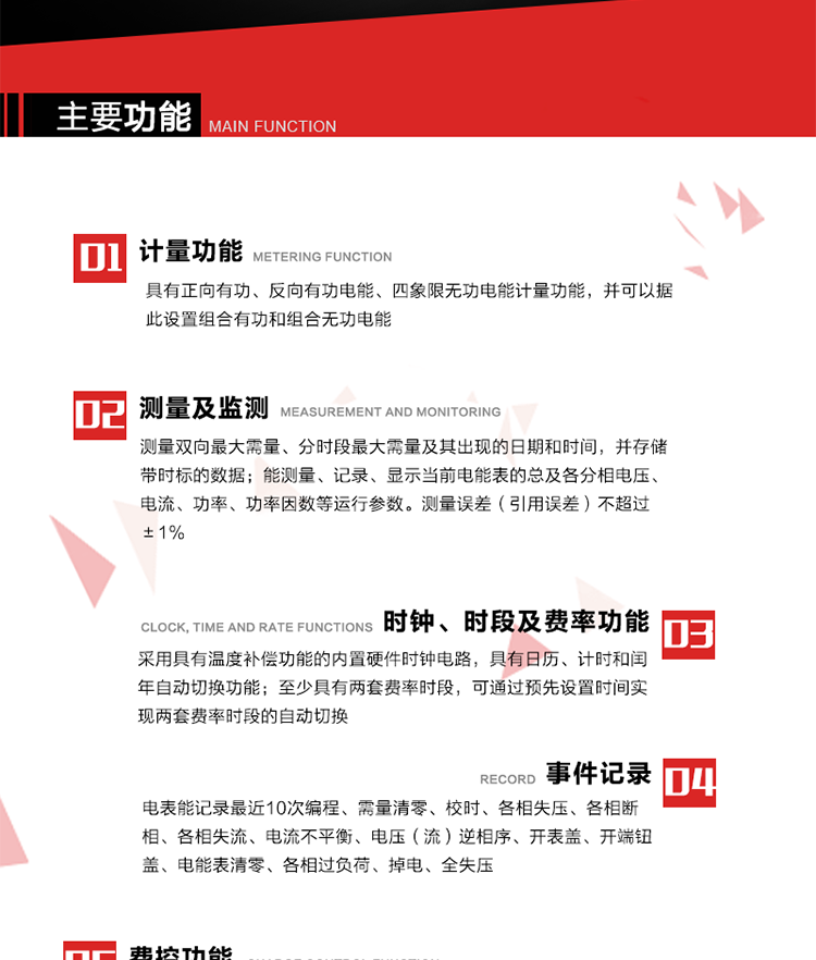 主要功能
1. 　电能计量
具有正向有功、反向有功电能、四象限无功电能计量功能，并可以据此设置组合有功和组合无功电能。
2. 　需量计量
测量双向最大需量、分时段最大需量及其出现的日期和时间，并存储带时标的数据。
3. 　测量及监测
能测量、记录、显示当前电能表的总及各分相电压、电流、功率、功率因数等运行参数。测量误差（引用误差）不超过±1%。
4. 　时钟、时段及费率功能
采用具有温度补偿功能的内置硬件时钟电路，具有日历、计时和闰年自动切换功能。内部时钟端子输出频率为1Hz。至少具有两套费率时段，可通过预先设置时间实现两套费率时段的自动切换。每套费率时段全年至少可设置2个时区，24小时内至少可以设置8个时段，时段最小间隔为15分钟，并且时段间隔大于表内设定的需量周期值，时段可跨越零点设置。
5. 　费控功能 
电能表费控功能的实现方式通过公网等虚拟介质和远程售电系统实现。
6. 　无线通信
通过无线通信与主站通信。支持在安全认证前提下，通过无线网络信道修改费率时段表及电价。
7. 　事件记录
电表能记录最近10次编程、需量清零、校时、各相失压、各相断相、各相失流、电流不平衡、电压（流）逆相序、开表盖、开端钮盖、电能表清零、各相过负荷、掉电、全失压。
8. 　冻结
具有定时冻结、瞬时冻结、约定冻结和日冻结功能。
9.　 负荷记录
记录正反向有功总电能、无功总电能、四象限无功总电能、组合有功、组合无功1、组合无功2，负荷记录间隔时间可以在1～60min范围内设置，时间间隔为1min的情况下可记录不少于40天的数据容量。
10. 　停电抄表
在停电状态下，能通过按键或非接触方式唤醒电能表，抄读电能量等数据。
11. 扩展功能
计量视在电能、谐波电压、电流、电量的监测、电能质量监测和计算铁损、铜损。 