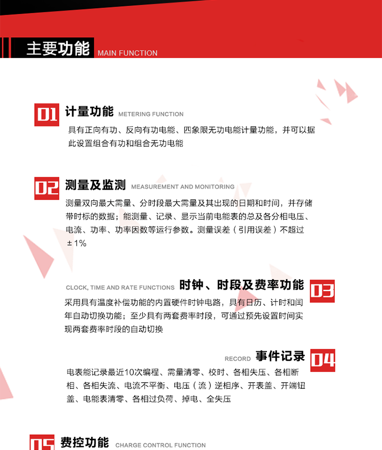 主要功能
1. 　电能计量
具有正向有功、反向有功电能、四象限无功电能计量功能，并可以据此设置组合有功和组合无功电能。
2. 　需量计量
测量双向最大需量、分时段最大需量及其出现的日期和时间，并存储带时标的数据。
3. 　测量及监测
能测量、记录、显示当前电能表的总及各分相电压、电流、功率、功率因数等运行参数。测量误差（引用误差）不超过±1%。
4. 　时钟、时段及费率功能
采用具有温度补偿功能的内置硬件时钟电路，具有日历、计时和闰年自动切换功能。内部时钟端子输出频率为1Hz。至少具有两套费率时段，可通过预先设置时间实现两套费率时段的自动切换。每套费率时段全年至少可设置2个时区，24小时内至少可以设置8个时段，时段最小间隔为15分钟，并且时段间隔大于表内设定的需量周期值，时段可跨越零点设置。
5. 　费控功能 
电能表费控功能的实现方式通过公网等虚拟介质和远程售电系统实现。
6. 　 载波通信
在载波集中器和主站系统的配合下，可通过载波，按设定的采集方案定时数据采集，并可实时监测电表运行状态。
7. 　事件记录
电表能记录最近10次编程、需量清零、校时、各相失压、各相断相、各相失流、电流不平衡、电压（流）逆相序、开表盖、开端钮盖、电能表清零、各相过负荷、掉电、全失压。
8. 　冻结
具有定时冻结、瞬时冻结、约定冻结和日冻结功能。
9.　 负荷记录
记录正反向有功总电能、无功总电能、四象限无功总电能、组合有功、组合无功1、组合无功2，负荷记录间隔时间可以在1～60min范围内设置，时间间隔为1min的情况下可记录不少于40天的数据容量。
10. 　停电抄表
在停电状态下，能通过按键或非接触方式唤醒电能表，抄读电能量等数据。
11. 扩展功能
计量视在电能、谐波电压、电流、电量的监测、电能质量监测和计算铁损、铜损。 