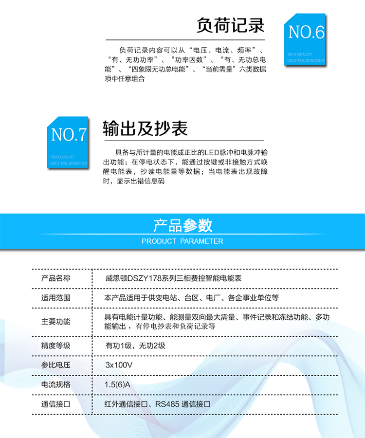 主要功能
计量功能
具有正、反向有功电能、四象限无功电能计量功能；具有分时计量功能；具有计量分相有功电能量功能；能存储12个结算日电量数据。
测量及监测
能测量双向最大需量、分时段最大需量及其出现的日期和时间；
能测量当前电能表的电压、电流、功率、功率因数等运行参数。
事件记录
记录最近10次编程、需量清零、校时、各相失压、各相断相、各相失流、各相过负荷、电流不平衡、电压（流）逆相序、开表盖、开端钮盖、全失压、掉电、远程控制拉闸、远程控制合闸等事件。
显示功能
高对比度、宽视角、带背光的LCD（数值显示位数8）。
报警功能
当电能表出现故障时，显示出错信息码。
冻结功能
支持定时冻结、瞬时冻结、约定冻结、日冻结、整点冻结等。
计时功能
采用具有温度补偿功能的内置硬件时钟电路，具有日历、计时、闰年自动转换功能。
脉冲输出
具备与所计量的电能成正比的LED脉冲和电脉冲输出功能。
负荷记录
负荷记录内容可以从“电压、电流、频率”、“有、无功功率”、“功率因数”、“有、无功总电能”、“四象限无功总电能”、“当前需量”六类数据项中任意组合。
停电抄表
在停电状态下，能通过按键或非接触方式唤醒电能表，抄读电能量等数据。
费控功能
通过RS485和远程售电系统实现费控功能。通过严格的密码验证或ESAM模块等安全认证，确保数据传输安全可靠。