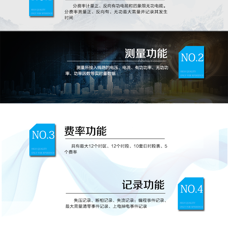 主要功能
电能计量功能
具有正、反向有功, 无功四象限电能计量功能；
具有分时计量功能；具有计量分相有功电能量功能。
需量测量功能
有功需量测量、无功需量测量、结算日需量
实时量测量功能
测量、记录、显示当前电能表的总及各分相电压、电流、功率、功率因数、频率、表内温度等运行参数。
提供越限监测功能。
时钟功能
采用具有温度补偿功能的内置硬件时钟电路，具有日历、计时和闰年自动切换功能。
费率、时段功能
事件记录功能
冻结功能
定时冻结、瞬时冻结、约定冻结、日冻结、整点冻结
负荷记录功能
电压合格率统计功能
可记录12个月的电压统计数据。
报警功能
光报警、声报警、LCD显示报警
安全防护功能
密码防护、编程开关防护
通讯功能
至少具有一个红外通信接口、两个RS485通信接口。
校时功能
可通过RS485、红外等通信接口对电能表校时。
电表清零功能
停电抄表功能
在停电状态下，能通过按键或非接触方式唤醒电能表，实现屏幕显示抄读电量和红外通信口抄读到当前电量和最近一次结算电量等数据。
辅助电源*（可选项）
保电功能*（可选项）
远程保电功能、自保电功能